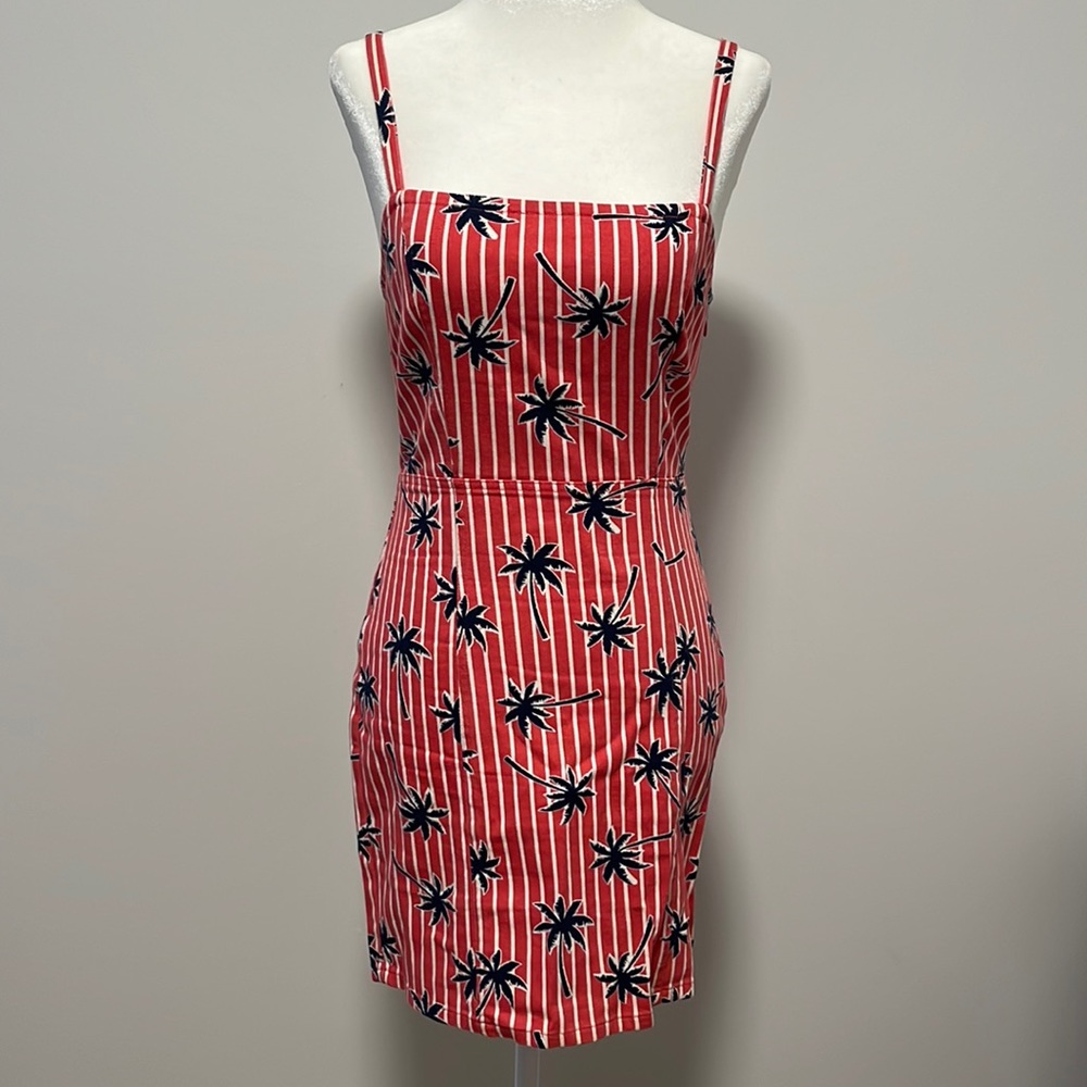 Red and white stripe denim dress with navy palm trees